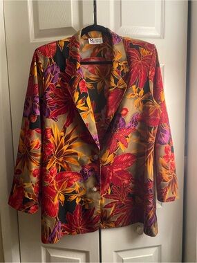 Maggie Sweet Multicolor Floral Satin Blazer - Red & Gold Floral